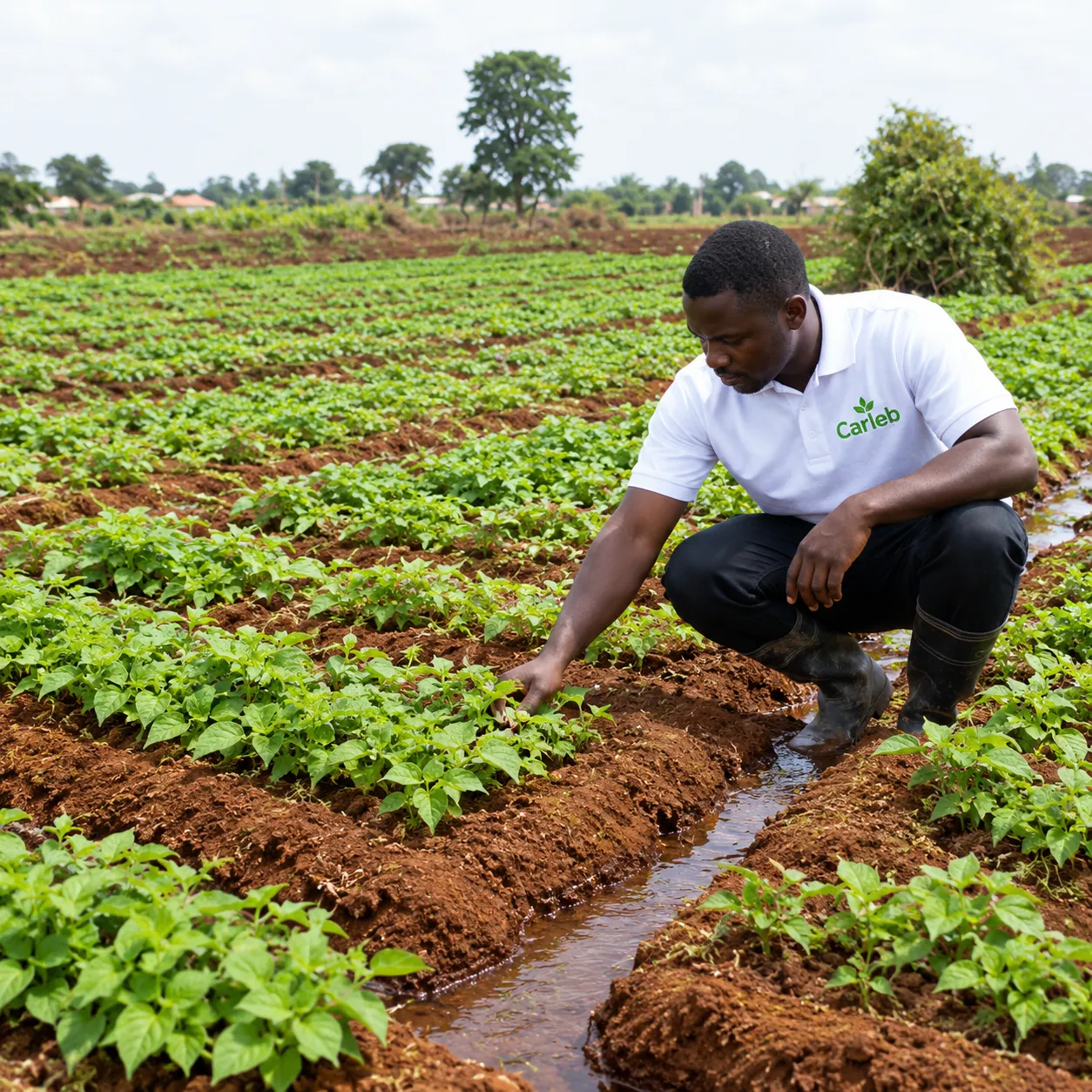 Agriculteur CARLEB GROUP inspectant des plants en parcelle irriguée