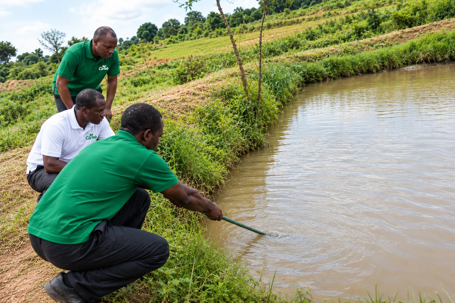 Pisciculteurs CARLEB GROUP au bord d'un étang d'aquaculture