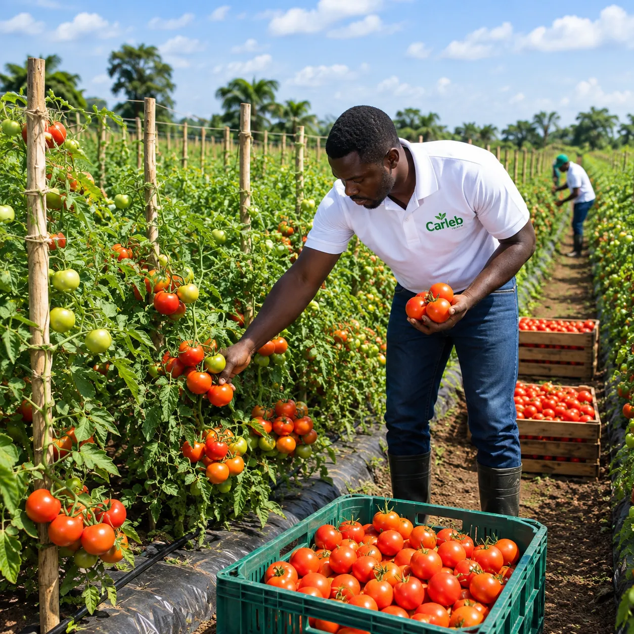 Agriculteur CARLEB GROUP récoltant des tomates en parcelle maraîchère